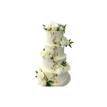 Wedding cake, Gâteau de mariage cascade de roses blanches et feuilles d'or